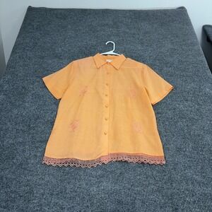 Vintage Le Gala Shirt Womens M Orange Linen Embroidered Crochet Lace Trim Retro